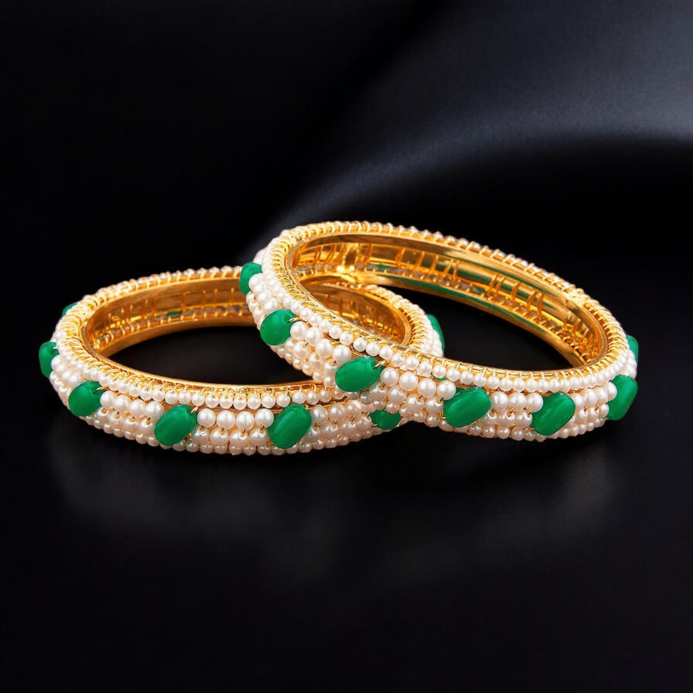 214091_GREEN-Antique Pearl Bangles With Gold Plating