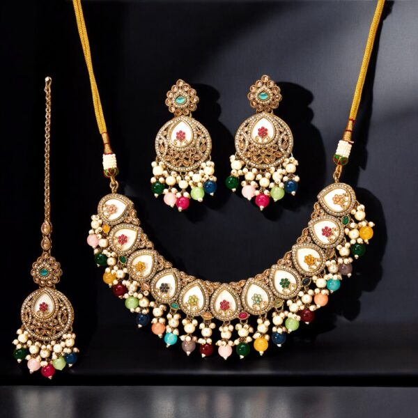 Antique Moti Necklace With Mehndi Plating