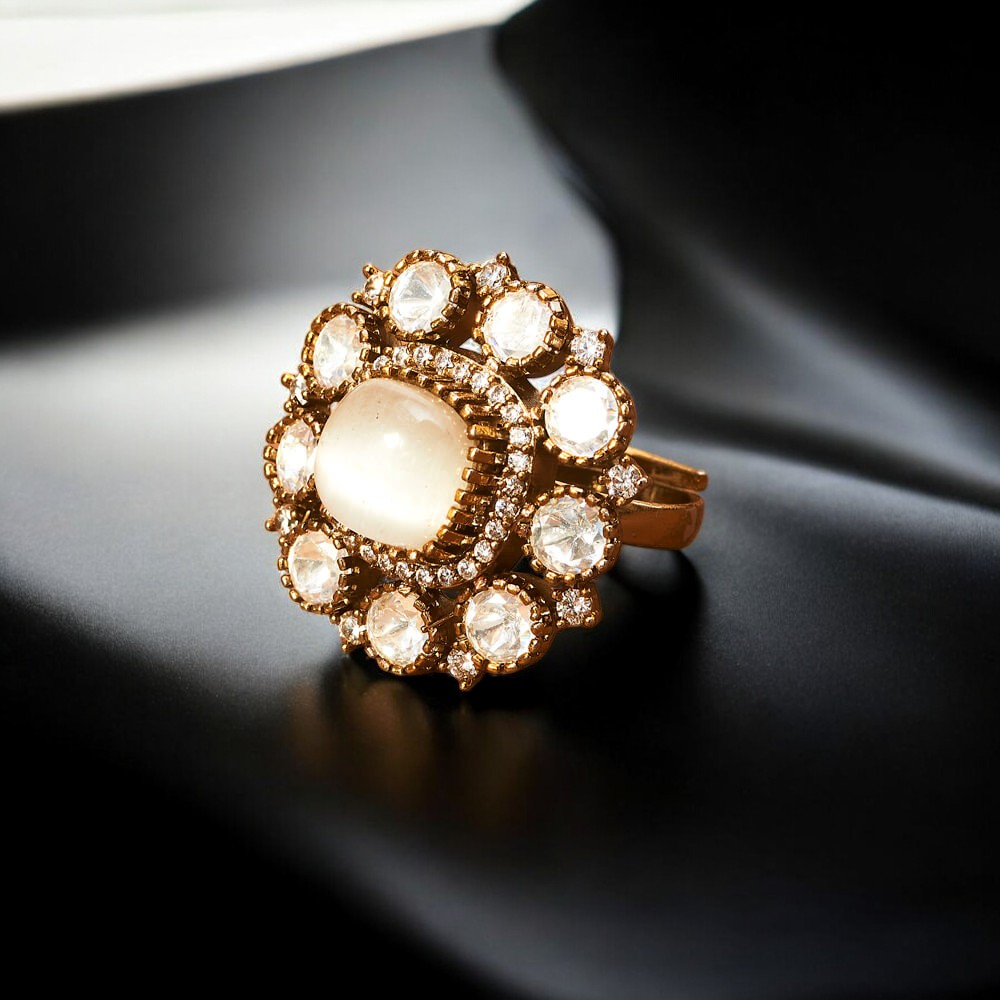 302418_WHITE-Kundan Adjustable Ring With Victorian Plating