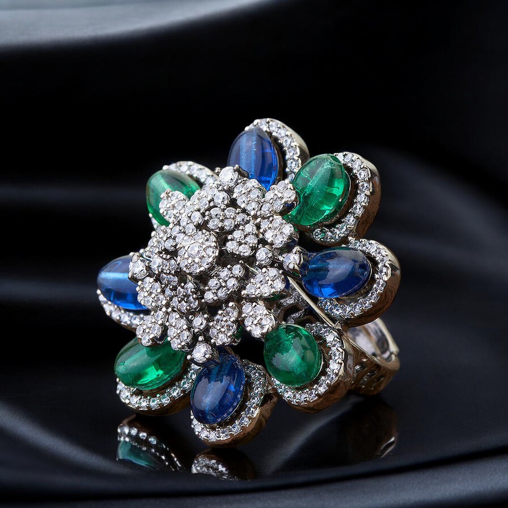 426506_Cubic Zirconia Adjustable Ring With Black PlatingBLUEGREEN-Photoroom