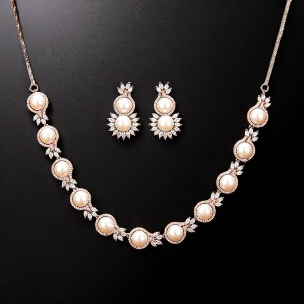 Cubic Zirconia Moti Necklace With Black Rose 2 Tone Rhodium Plating