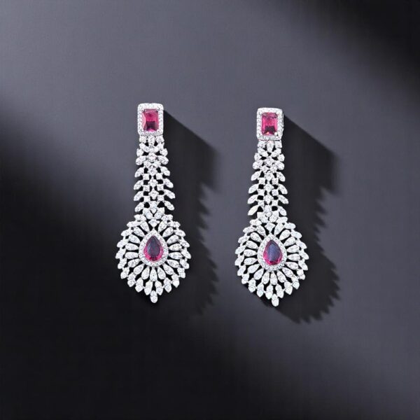 Cz Long Earring With Rhodium Plating