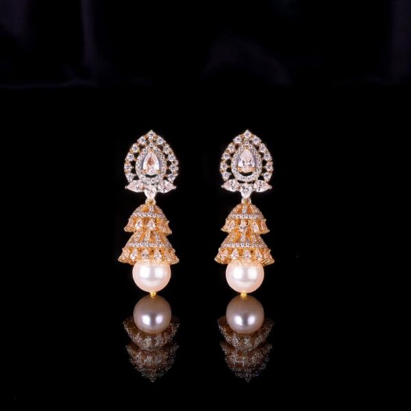 Cubic Zirconia Pearl Jhumki With Mehndi 2 Tone Rhodium Plating